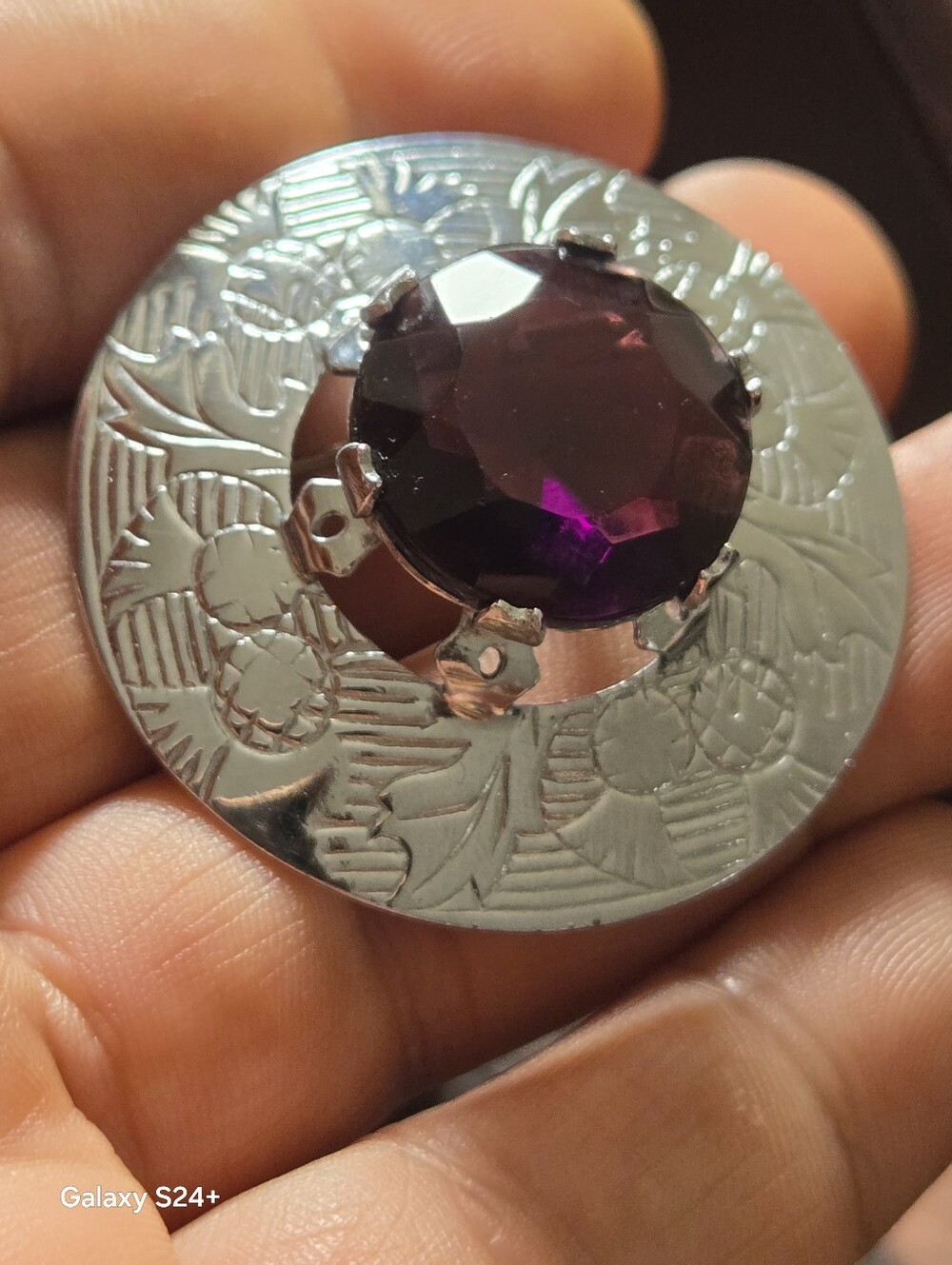 Vintage MIZPAH Brooch with Purple Faceted Stone